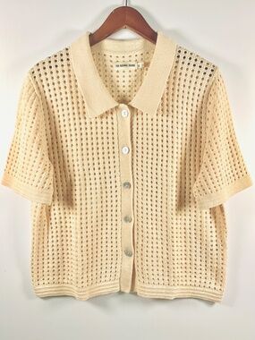 The Normal Brand open knit crochet boho top beige cream button up short sleeve